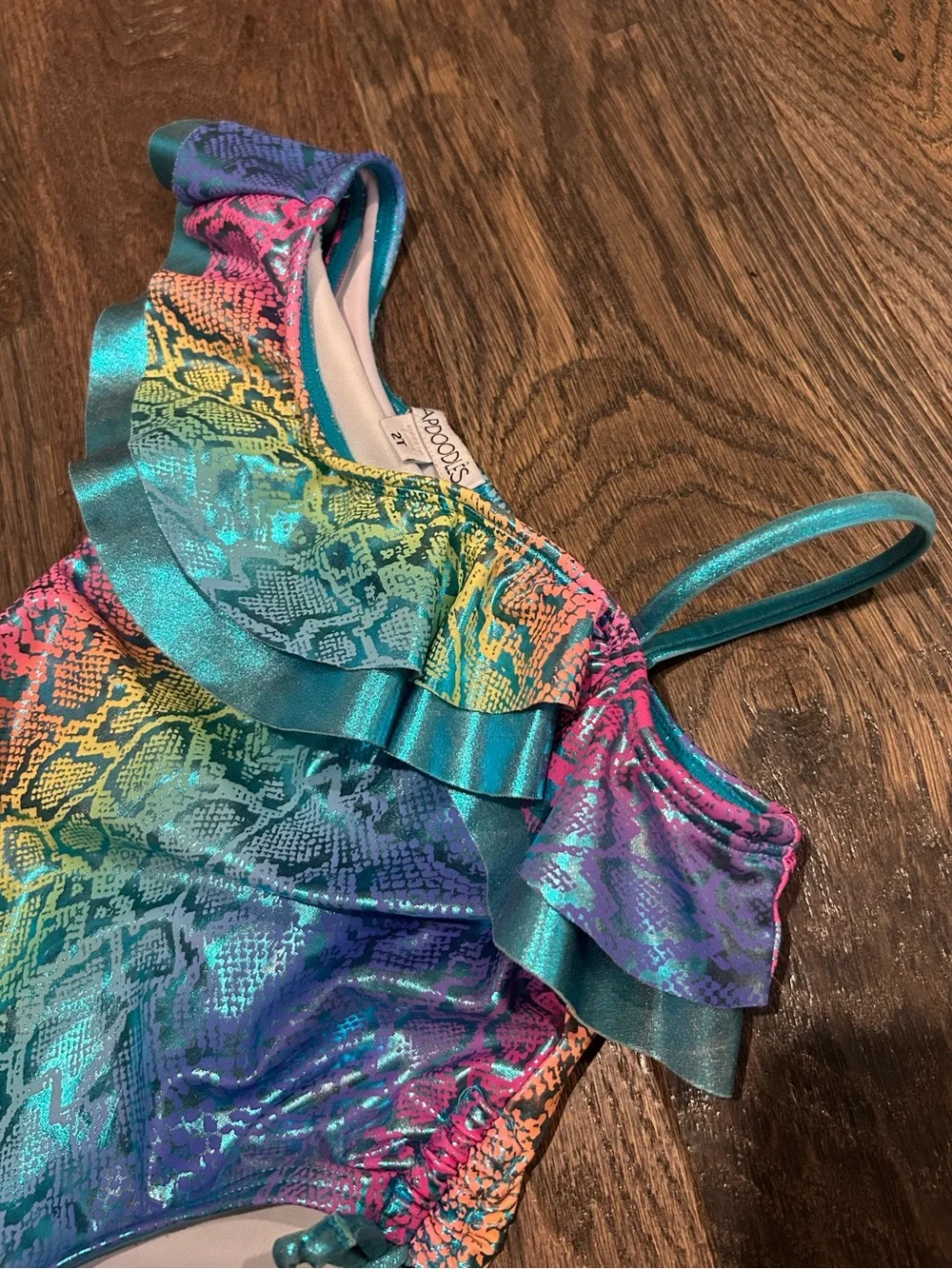 Flapdoodles Toddler Rainbow Teal Ruffle One-Piece Swimsuit Size 2T